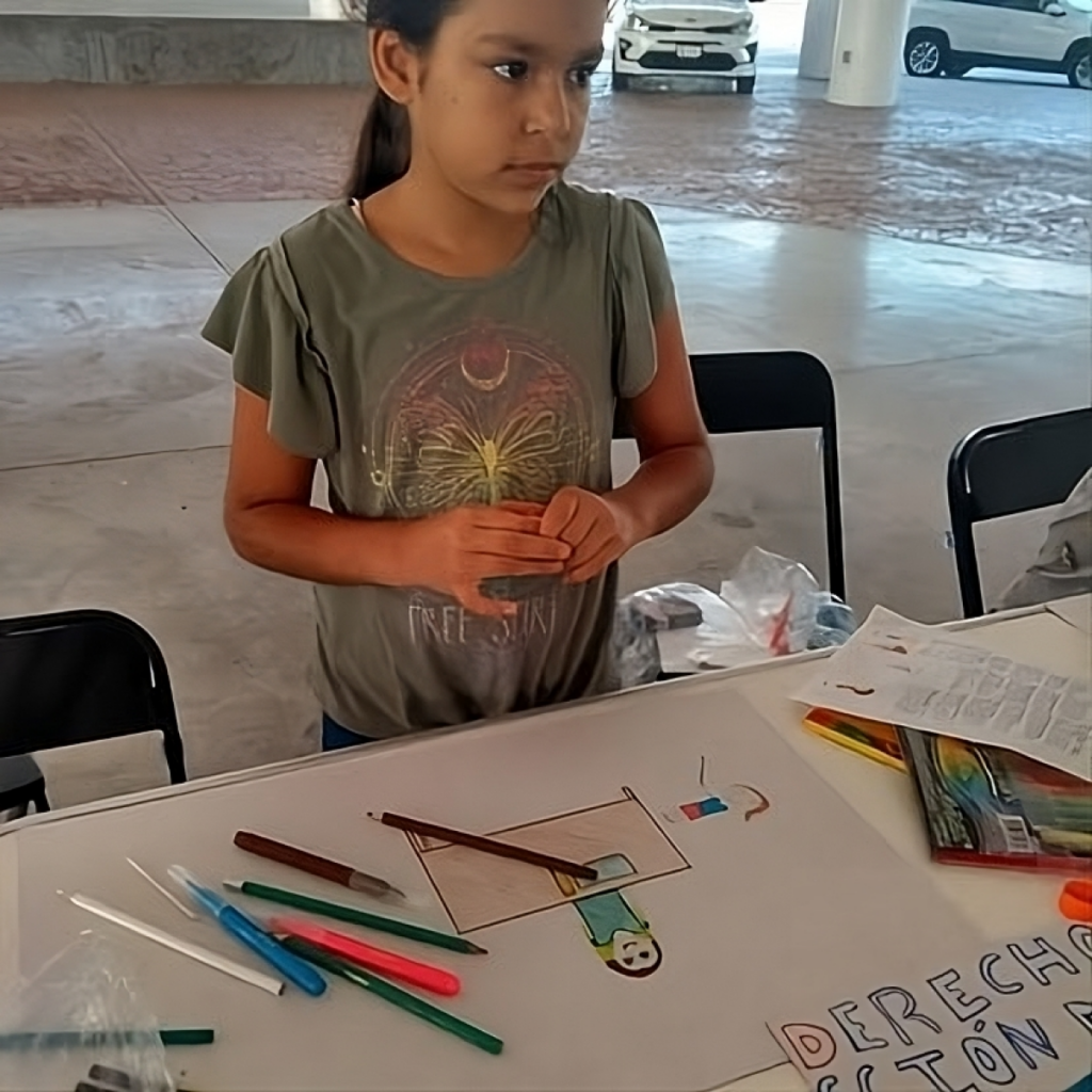 Young girl standing at a table, surrounded by art supplies, creating a drawing.